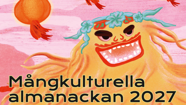 Mångkulturella almanackans framsidan med röda lyktor och ett monster